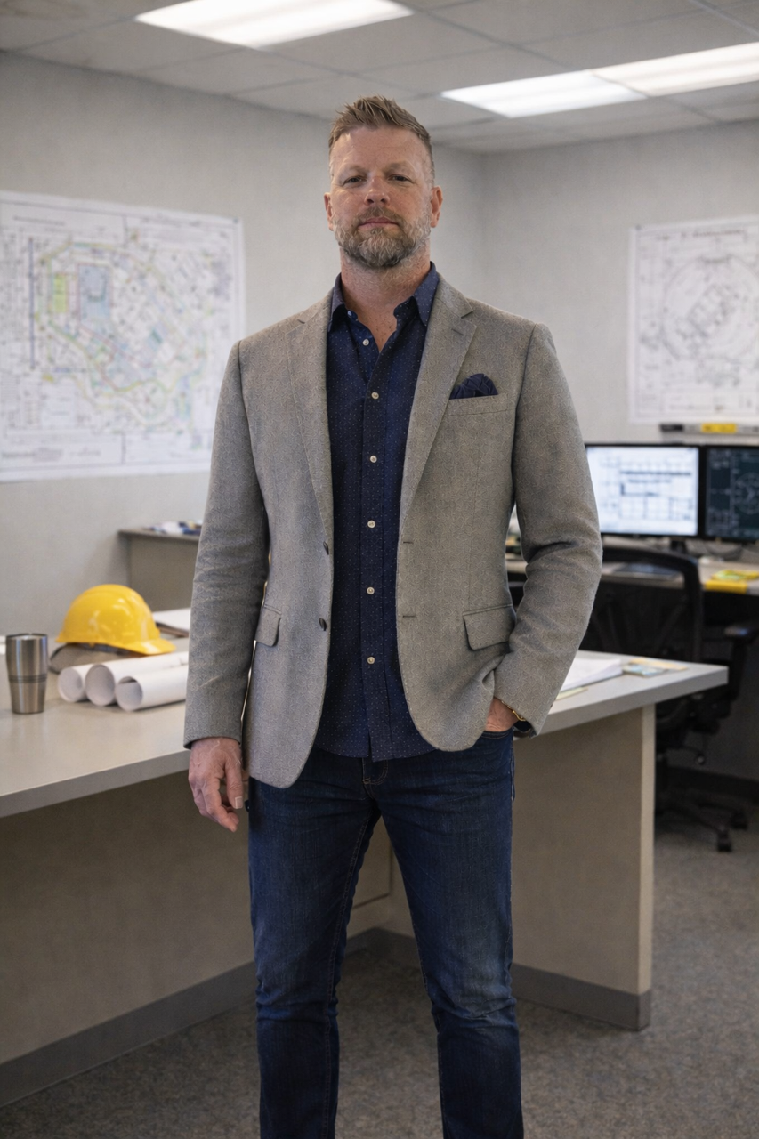 A portrait of Dave Latona wearing blue clothes and a grey sport coat